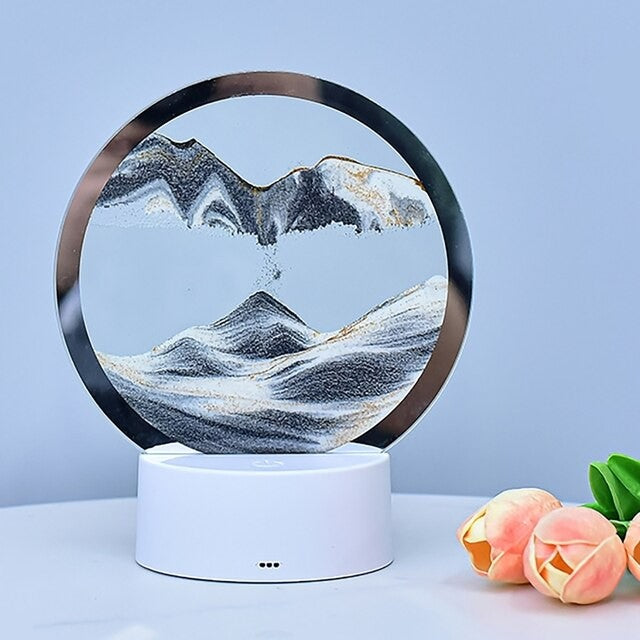 Lampa decorativa tip clepsidra Vivimall, imagine 3D dinamica, nisipuri miscatoare, 16 x 18.5 cm, Gri/Auriu - vivimall.ro