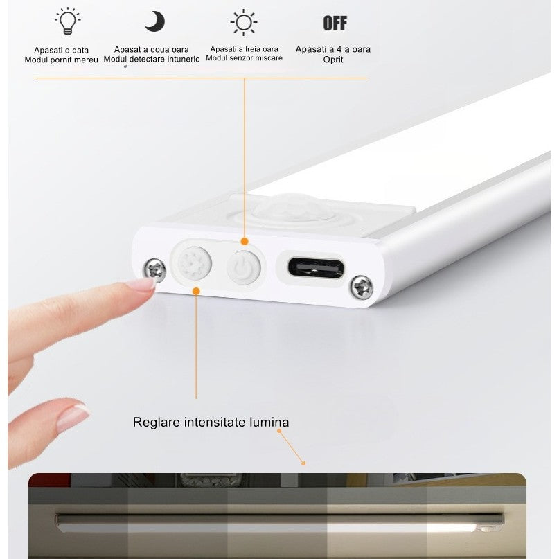 Lampa LED cu Senzor de Lumina si Miscare 30 cm, Vivimall, Intensitate Reglabila, Suport Magnetic, 79 LED-uri, 114.59lm , Acumulator 600mAh cu Reincarcare prin USB-C, pentru Bucatarie, Hol, Dressing, Garaj - vivimall.ro