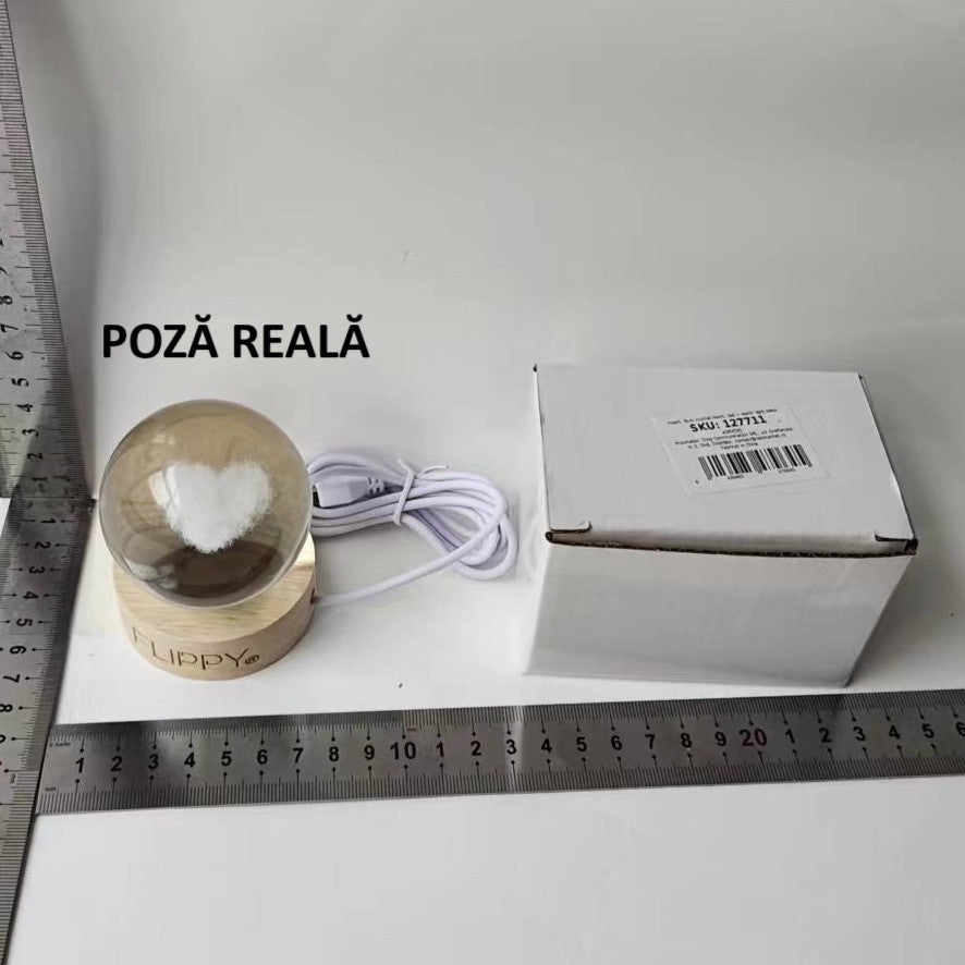 Lampa LED Decorativa, Vivimall, Bila de Cristal cu Diametru 6cm, Model Inima 3D, Alimentare USB, Suport din Lemn, Lumina Alb Cald - vivimall.ro