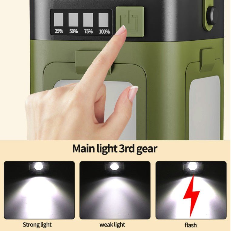 Lampa pentru Camping, Flippy, Lampa Reincarcabila Solar/Retea, Tip Felinar 4 Laturi si Lanterna in Baza, Impermeabila, 12.5 x 7 x 7 cm, Verde