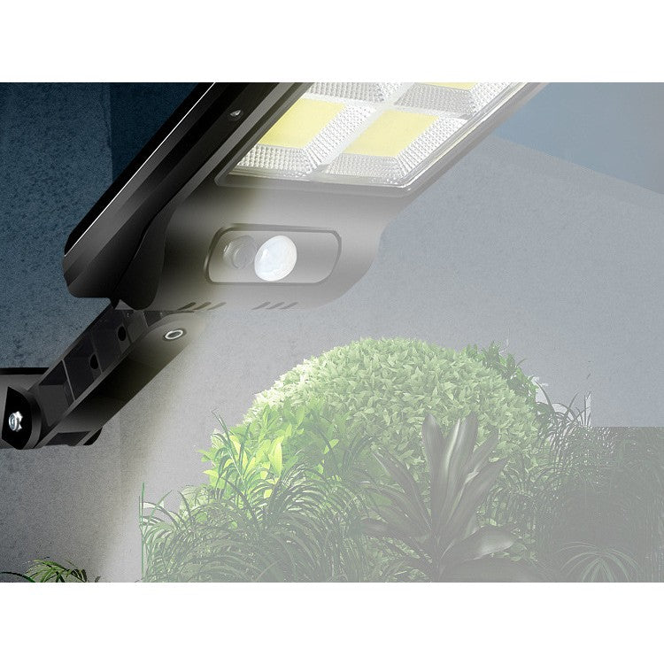 Lampa Solara De Exterior LED Vivimall, 36 cm x 11.5 cm, 2880 Lumeni 120 COB LED 24 W - echivalent 192 W bec incadescent, IP65, Senzor de Miscare, Senzor de Lumina, 6 Grile, Alb Rece - vivimall.ro