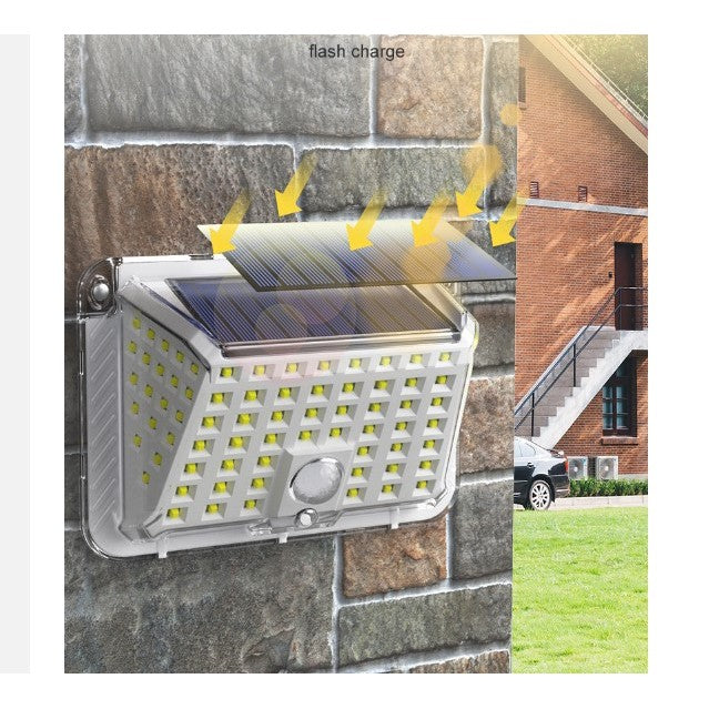 Lampa solara de perete Vivimall, 90 LED-uri SMD, senzor de miscare, IP65, 1200mAh, material ABS, lumina alb rece, alb - vivimall.ro