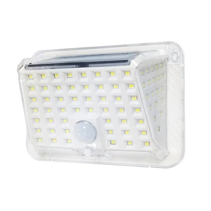 Lampa solara de perete Vivimall, 90 LED-uri SMD, senzor de miscare, IP65, 1200mAh, material ABS, lumina alb rece, alb - vivimall.ro