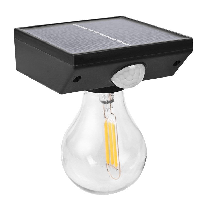 Lampa solara Vivimall, pentru exterior, tip bec, rezistenta la apa IP65, material ABS, baterie 3.7V, 1200 mah, 9.5 x 11 cm, autonomie 8 ore, senzor de miscare, alb cald - vivimall.ro