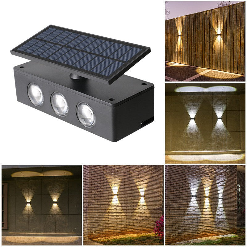 Lampa solara LED bidirectionala Vivimall, cu panou ajustabil, comutator culoare lumina, pentru perete, scari, gradina, terasa, 16 x 6.5 cm, 6 LED-uri, material ABS, baterie 3.7 V, 1200mah, multicolor - vivimall.ro