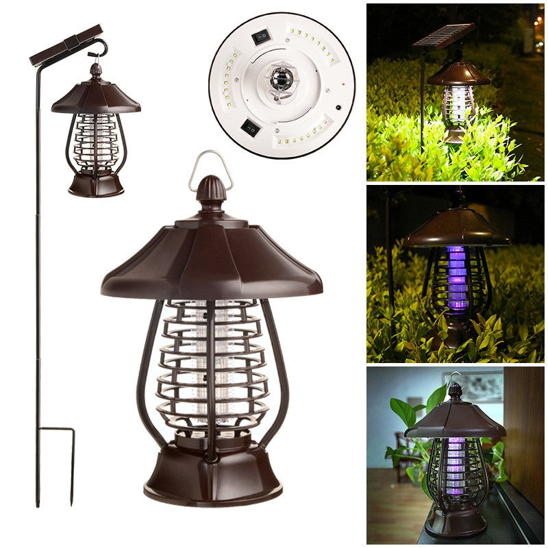 Lampa solara pentru gradina, anti-insecte, tantari, muste, UV, LED, material ABS, putere 5W, 1.2 V, autonomie 8 ore, 2 moduri de functionare, IP65, electric shock 380 volti, 30 x 19.5 cm, maro - vivimall.ro