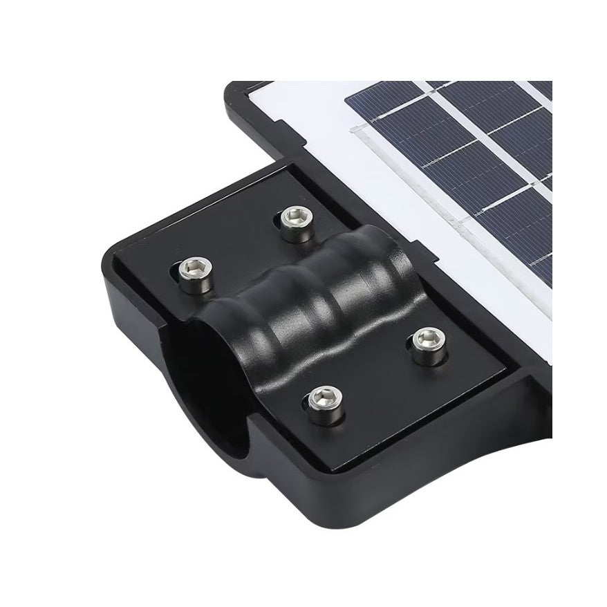 Lampa solara stradala Vivimall, cu telecomanda, senzor de miscare si lumina, suport prindere, 180 LED-uri, IP65, ABS, 10AH, 200W, temperatura culoare 6500K, 59.5x23.8x6.8 cm, autonomie 10-12 ore, negru - vivimall.ro