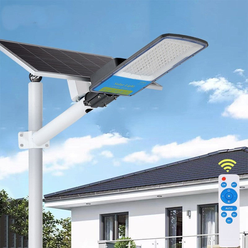 Lampa solara stradala Vivimall, IP66, senzor de lumina, 120 LED-uri SMD, 1800 lm, panou 20W, putere 100W, autonomie 12-16 ore, telecomanda, montare prin fixare, pentru strada sau gradina, finisaj mat, material ABS, 49 x 21 x 5.5 cm, gri - vivimall.ro