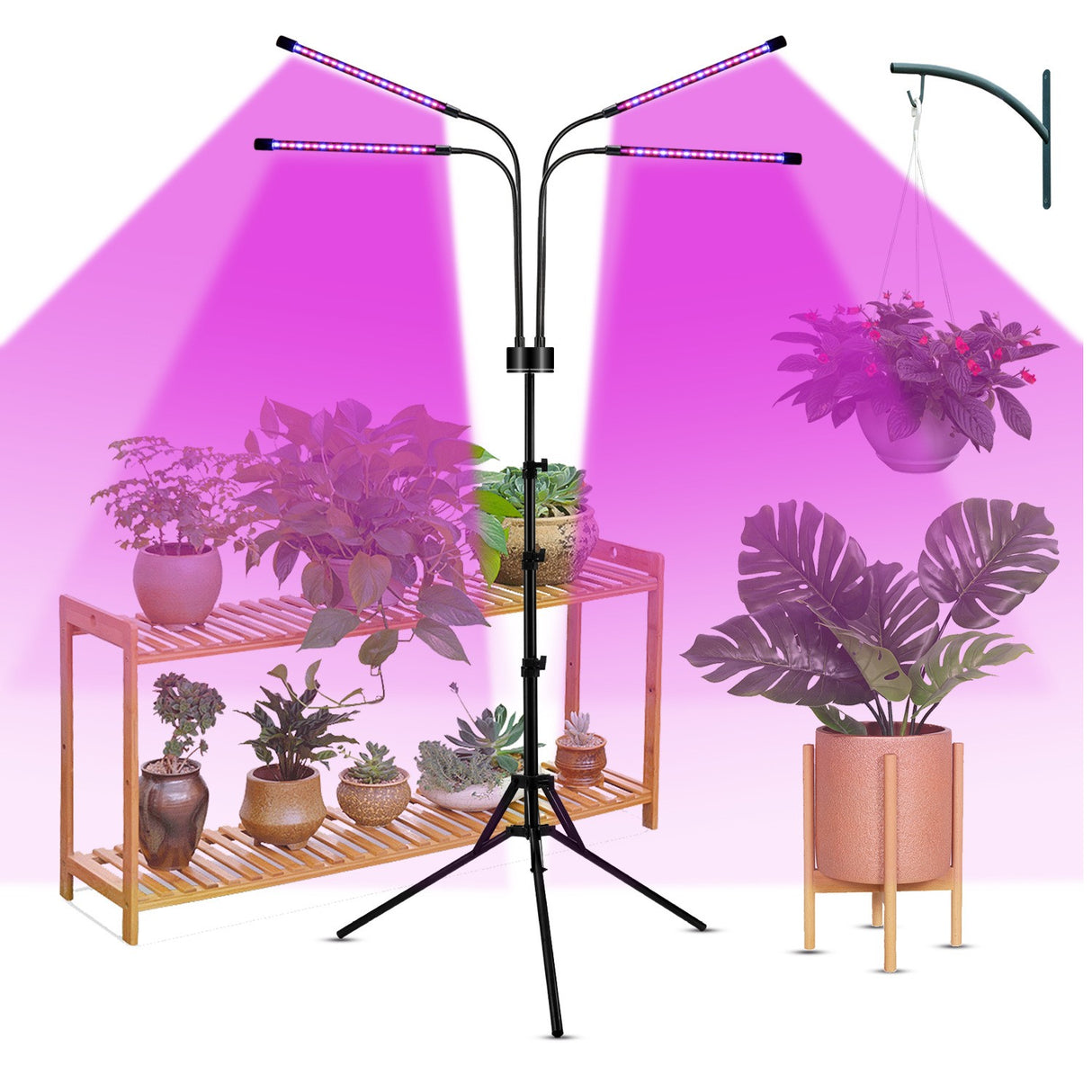 Lampa UV pentru cresterea plantelor, Vivimall, 4 capete, putere 30W, 108 LED-uri Lampa cu lumina Ultra-Violet, Lampa cu Picior Ajustabil pana la 2 m, Lumina UV Mov - vivimall.ro