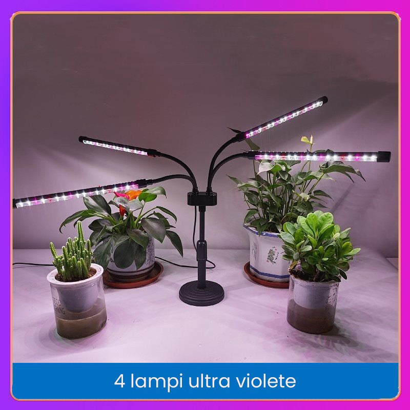 Lampa UV pentru cresterea plantelor, Vivimall, conectare la retea, 20W, 4 capete, 72 LED-uri, ajustabila pana la 66.5 cm, Lumina Alb Mov- - vivimall.ro