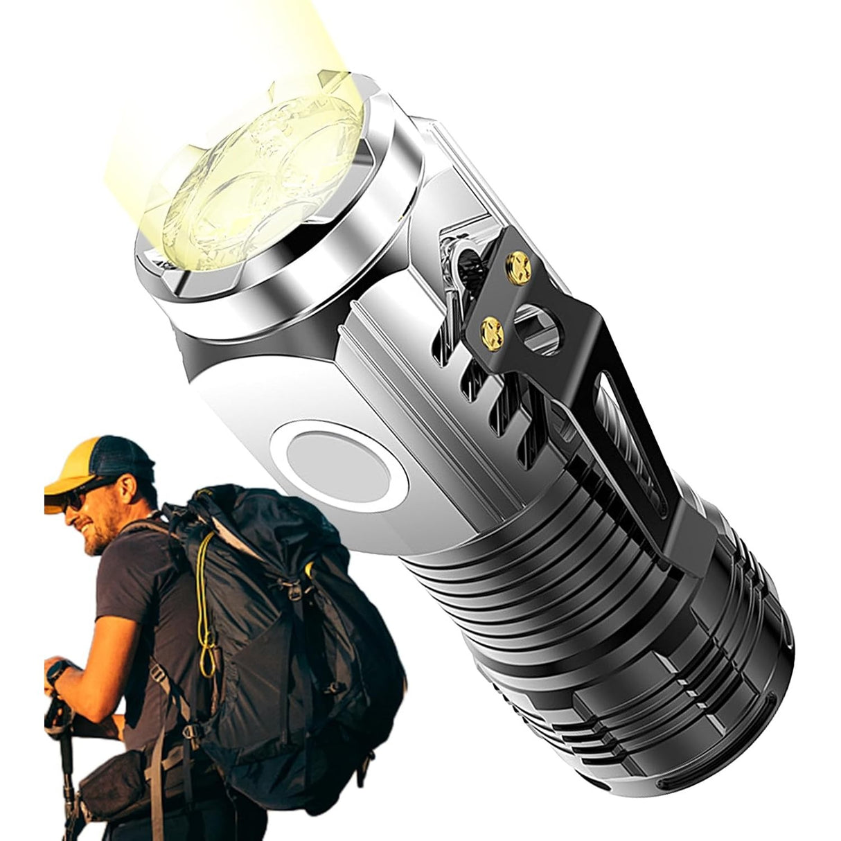 Lanterna cu 3 Nuclee Led, Vivimall, Incarcare USB, Autonomie 4-20h, Raza Maxima 100-200 m, 5W, 4 x 4 x 9 cm, Suport de Agatat, Fund Magnetic, Argintiu - vivimall.ro