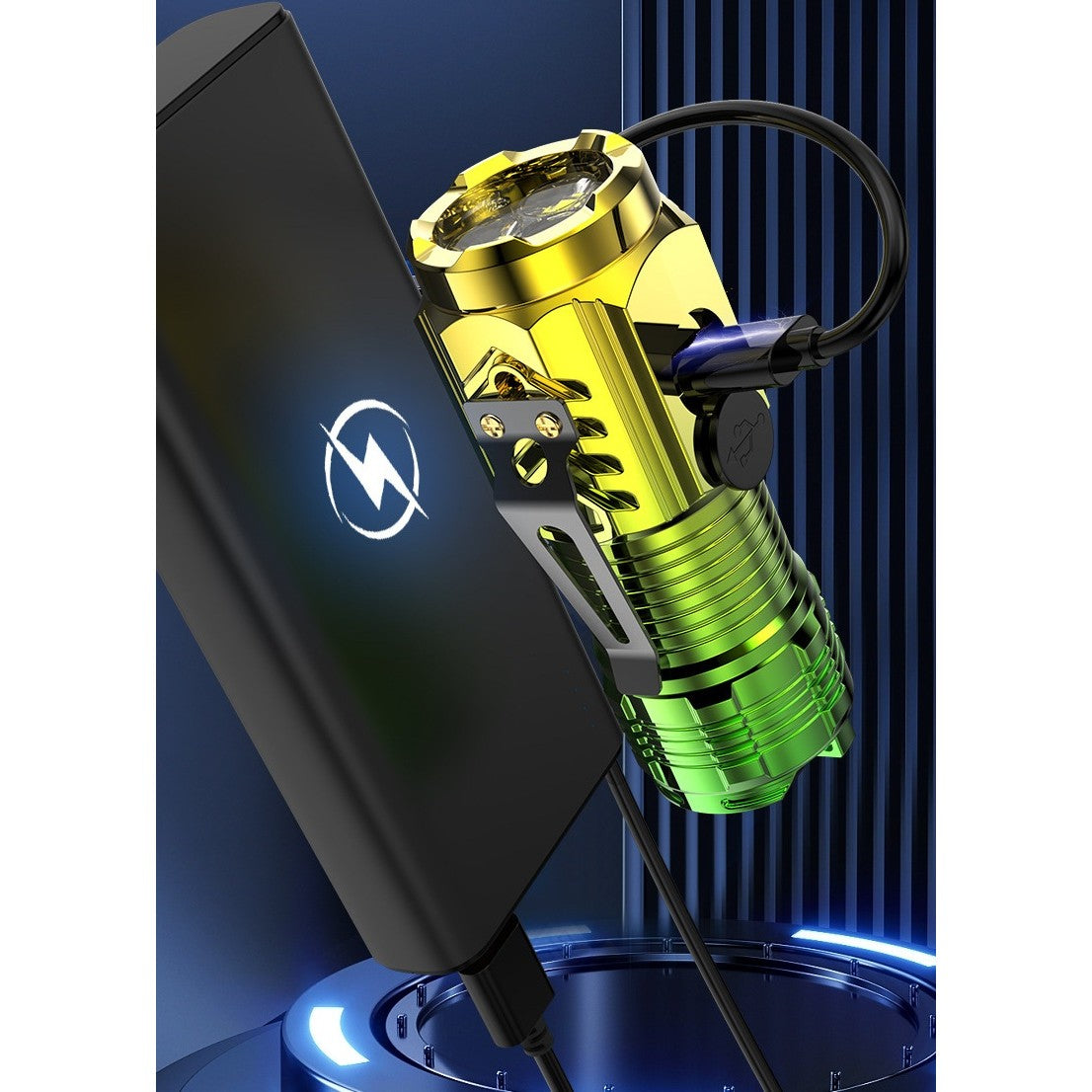 Lanterna cu 3 Nuclee Led, Vivimall, Incarcare USB, Autonomie 4-20h, Raza Maxima 100-200 m, 5W, 4 x 4 x 9 cm, Suport de Agatat, Fund Magnetic, Galben/Verde - vivimall.ro