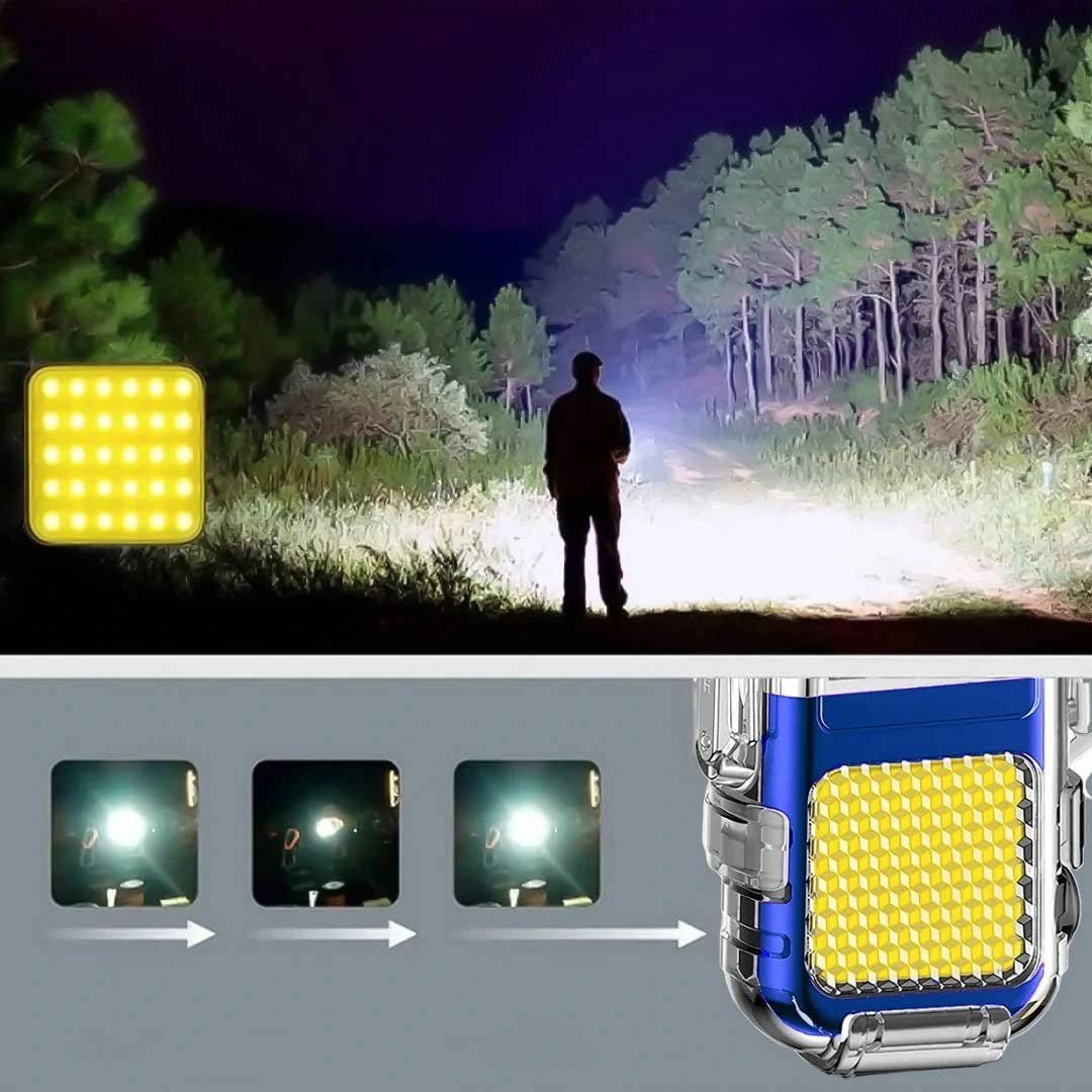 Lanterna Tip Breloc cu Bricheta, Vivimall, Impermeabila, 3 Moduri Iluminare, 300 mAh, Incarcare USB-C, COB, Raza de Actiune 50 - 100 m, 7.4 x 4.9 x 1.7 cm, Albastru - vivimall.ro