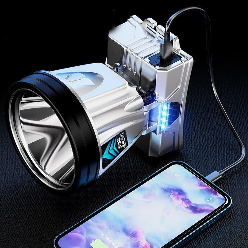 Lanterna Power Bank LED, Vivimall, cu Suport pentru Cap, Incarcare USB, Raza 100-200m, 5W, 3 Trepte de Lumina, Afisaj Baterie, Argintiu - vivimall.ro