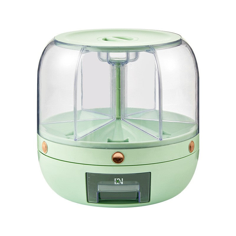 Dozator de cereale Vivimall, rotativ 360, 6 compartimente, capacitate 6 L, rezistent la umezeala, inchidere etansa, verde deschis - vivimall.ro