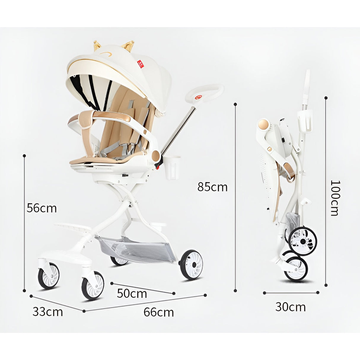 Carucior Sport Flippy 3in1, 6-36 Luni, Reversibil, Pliabil, Tavita pentru Masa, Pozitie de Somn, Centura de Siguranta, Roti 360, Suport Pahar, Copertina pentru Soare, 33x66x85cm, Alb Model Pisica - vivimall.ro