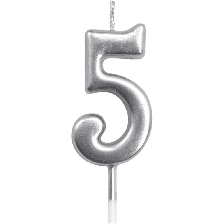Lumanare de Tort, Vivimall, Model Cifra 5, Party, 4.5 x 2.5 cm, din Parafina, Argintiu - vivimall.ro