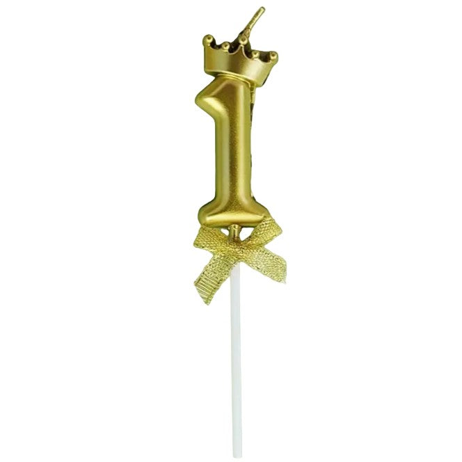 Lumanare pentru Tort Cifra 1, Model Coroana, Gold, Vivimall, Party - vivimall.ro