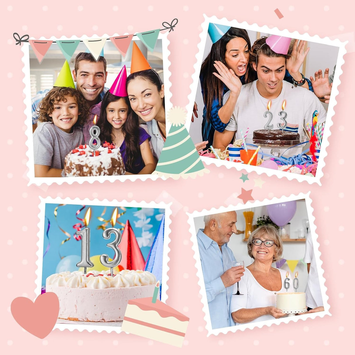 Lumânare aniversară cifra 9 argintiu pe tort decorat, perspectivă laterală