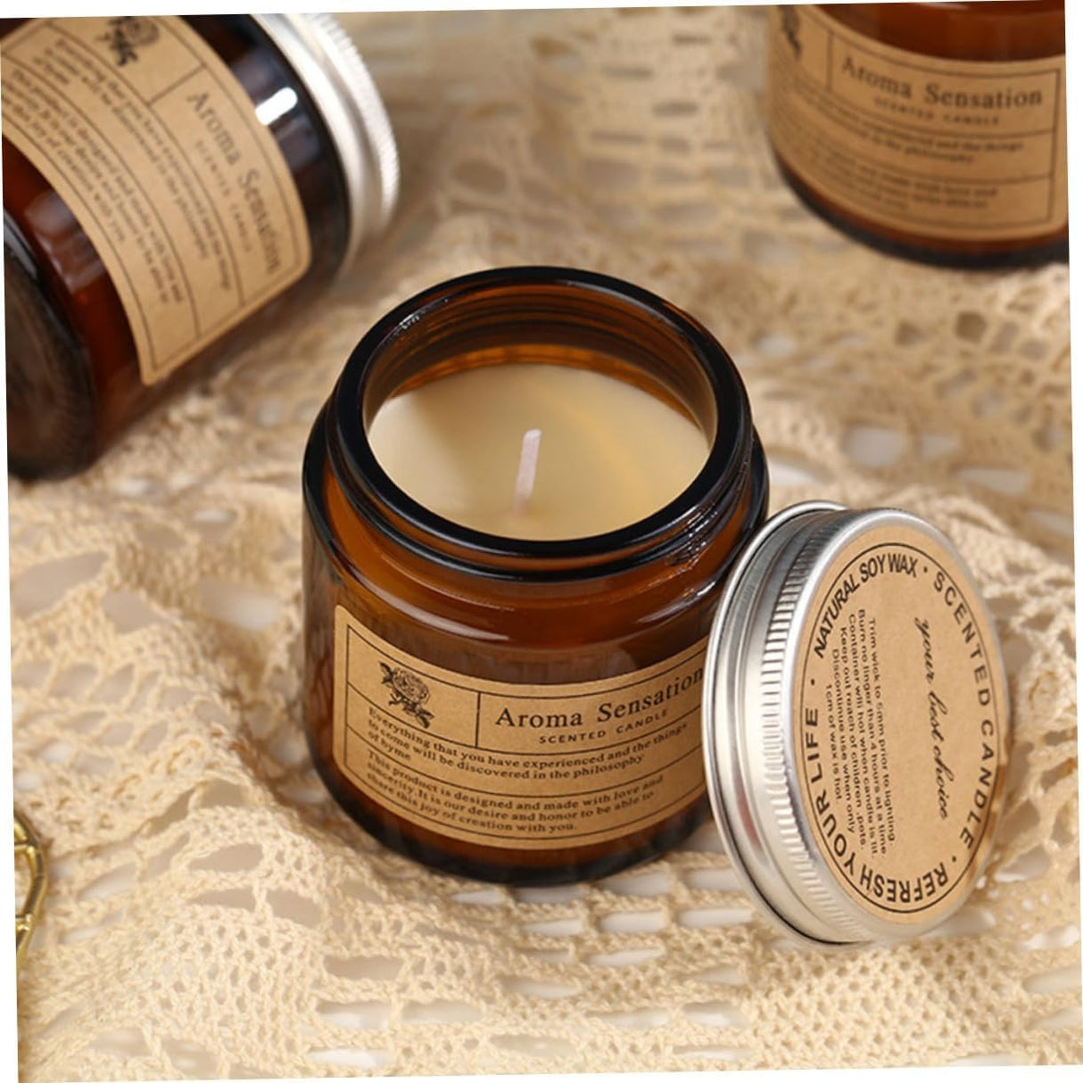 Lumanare Parfumata, Vivimall, Model Borcan Maro, Aroma de Lavanda, din Ceara Vegetala, 6 x 6.5 x 6.5 cm, Maro - vivimall.ro