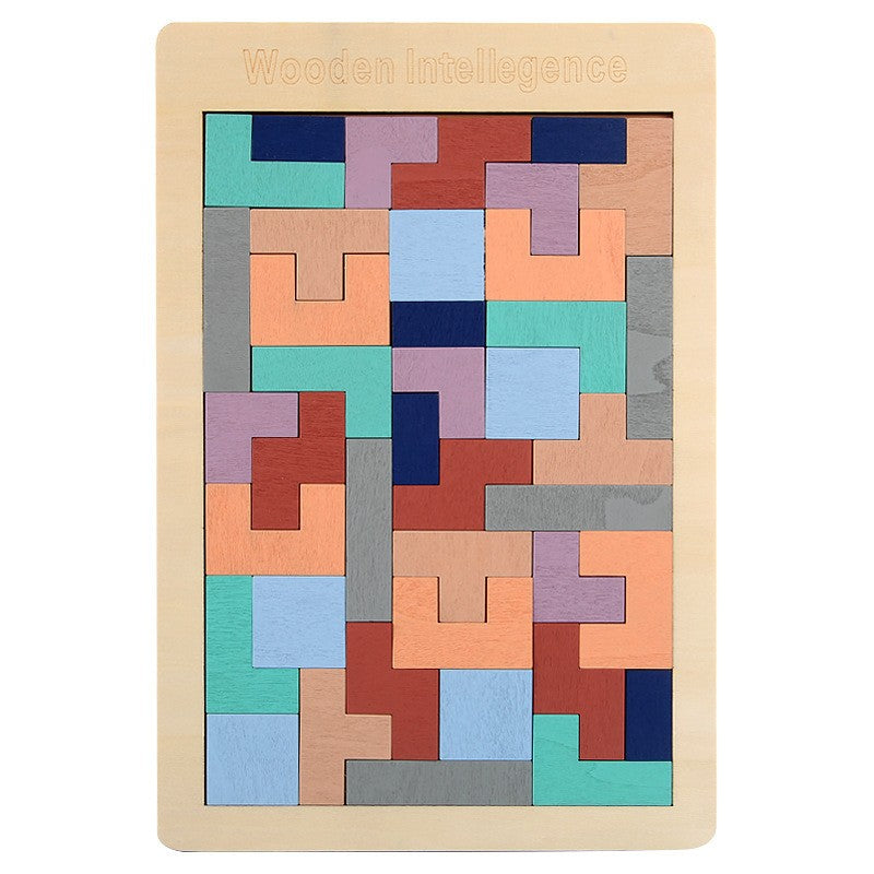 Puzzle din lemn tip Tetris Montessori, 40 piese multicolor pastelat, vedere frontală completă cu tablă
