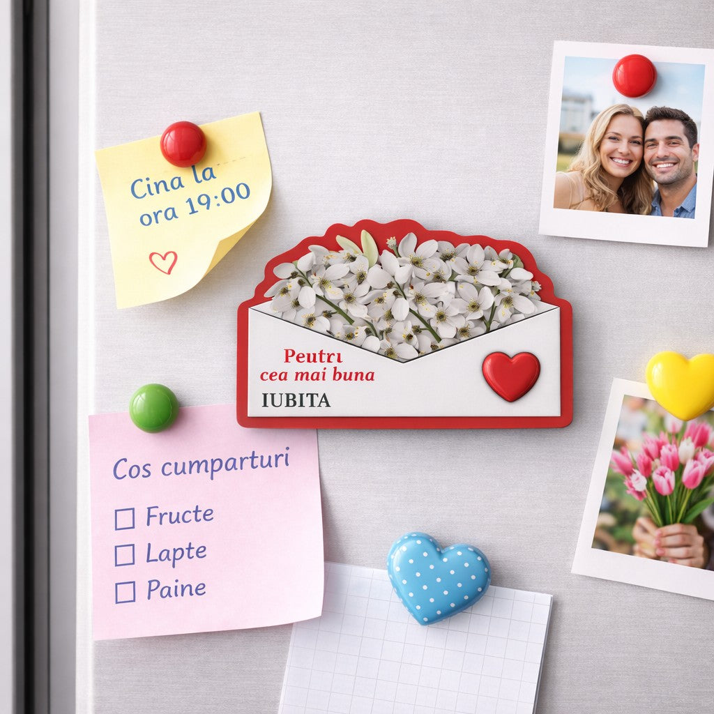 Detaliu magnet mărțișor Jolie din carton laminat cu magnet flexibil pe verso, multicolor, vedere spate-față