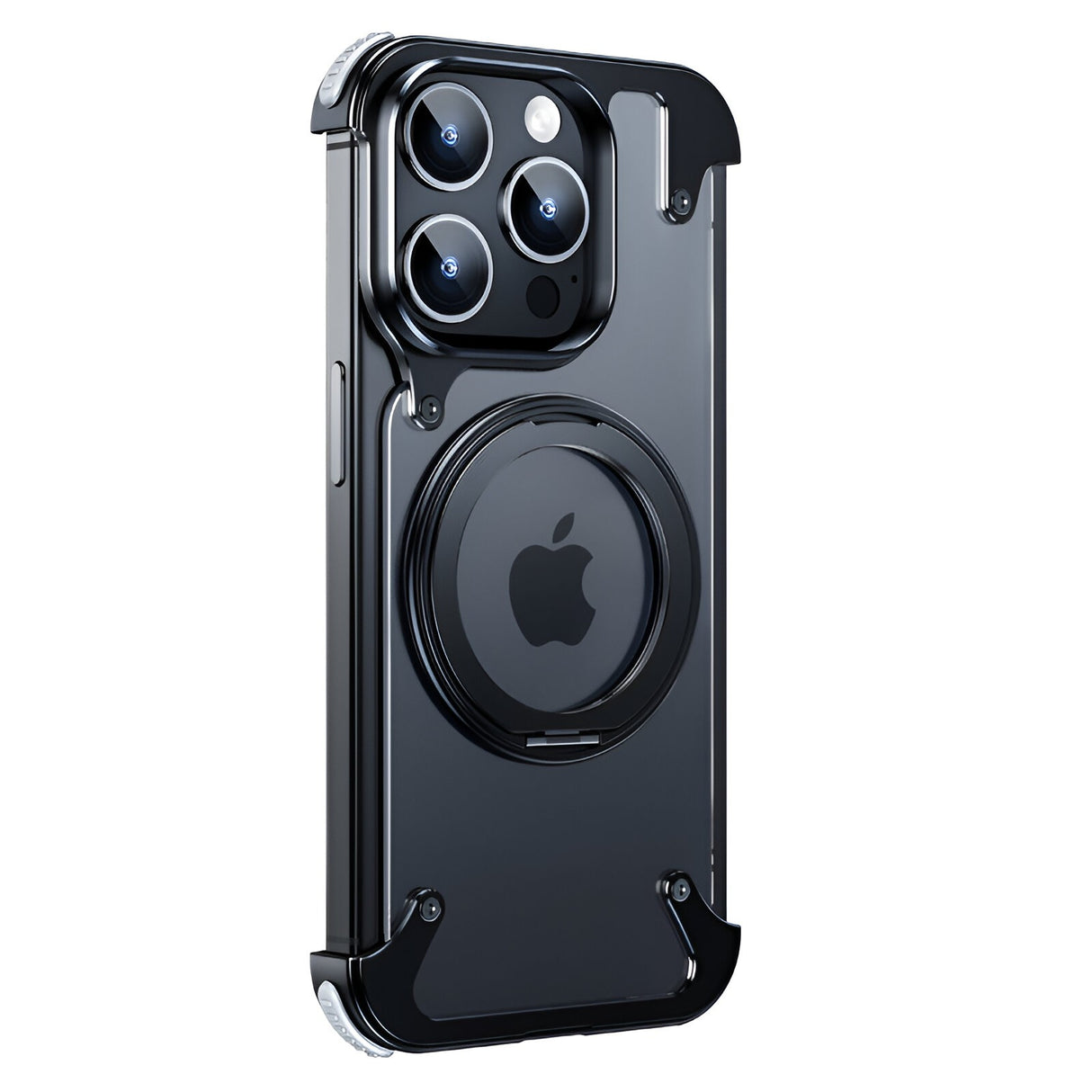Husa de Protectie Compatibil cu iPhone 15 Pro, Vivimall, Incarcare Wireless, Tehnologie Magsafe, Inel Magnetic Rotativ 360 cu Functie de Suport, Rama Metalica, Carcasa din PC, Negru Transparent - vivimall.ro