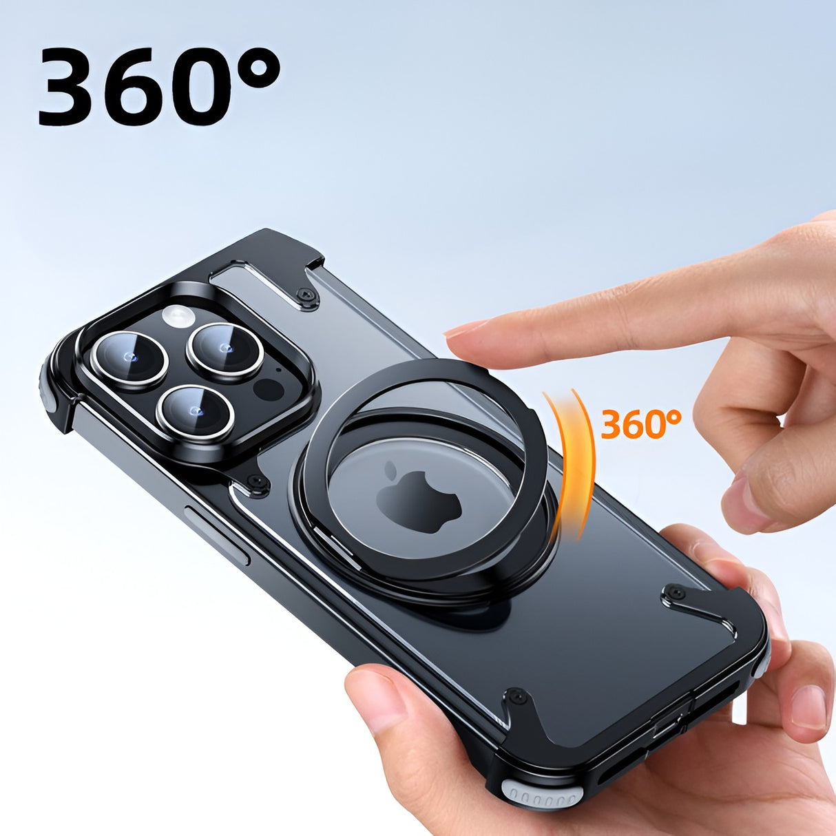 Husa de Protectie Compatibil cu iPhone 15 Pro Max, Vivimall, Incarcare Wireless, Tehnologie Magsafe, Inel Magnetic Rotativ 360 cu Functie de Suport, Rama Metalica, Carcasa din PC, Negru Transparent - vivimall.ro