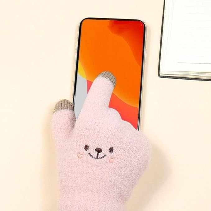 Manusi Dama, Vivimall, Model Fata Zambitoare, Functie Touchscreen (ecran tactil), Material Lana Brodata, Manseta Elastica, Interior Pufos, Marime Universala, Roz - vivimall.ro