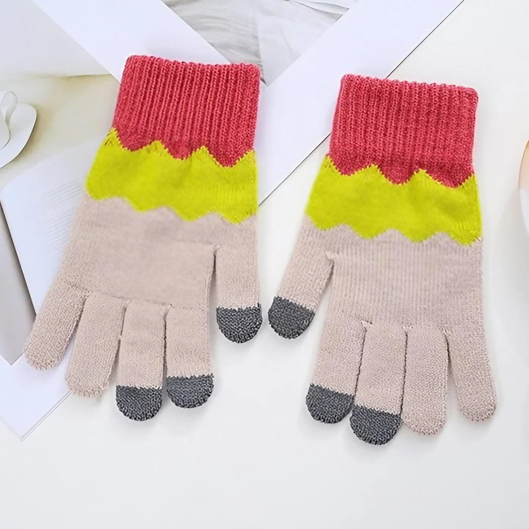 Manusi de Dama, Flippy, Model Ondulat, Functie Touchscreen (ecran tactil), Material Acril Tricotat, Manseta Elastica, Interior Catifelat, Marime Universala, Galben/Roz - vivimall.ro