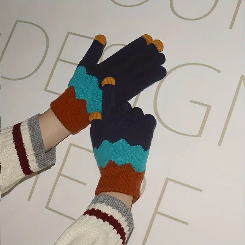 Manusi de Dama, Vivimall, Model Ondulat, Functie Touchscreen (ecran tactil), Material Acril Tricotat, Manseta Elastica, Interior Catifelat, Marime Universala, Portocaliu/Albastru - vivimall.ro