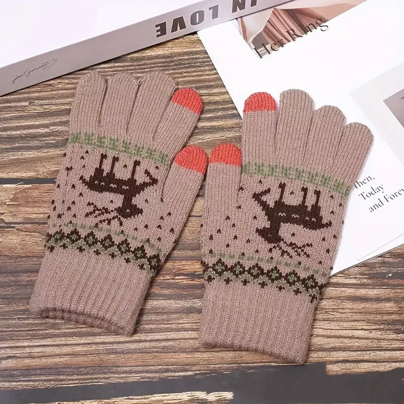 Mănuși tricotate damă kaki model ren extensibile, detaliu textură acril imitație cașmir