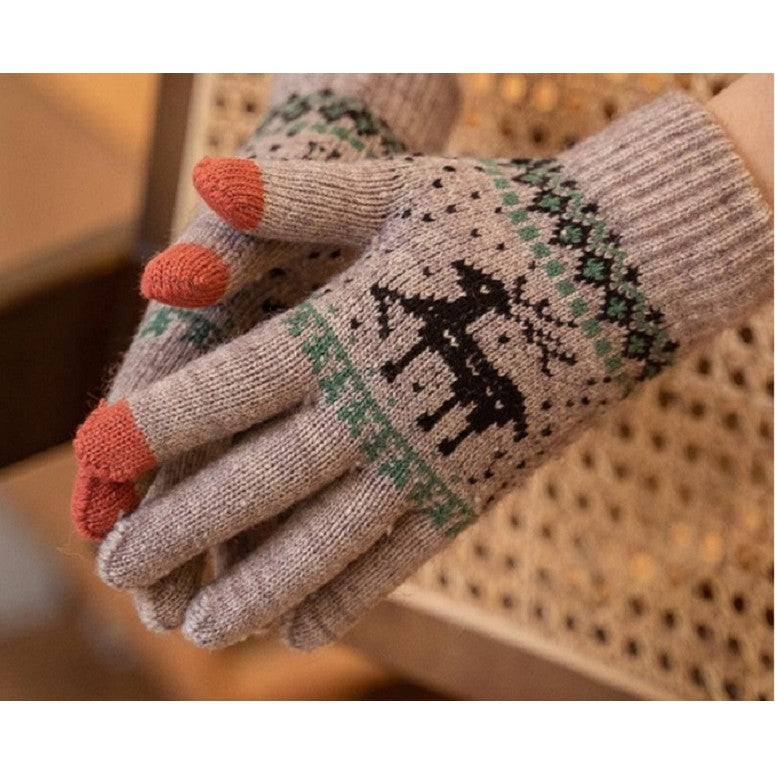 Pereche mănuși tricotate kaki cu model ren festiv, vedere laterală, dimensiuni 23x13 cm