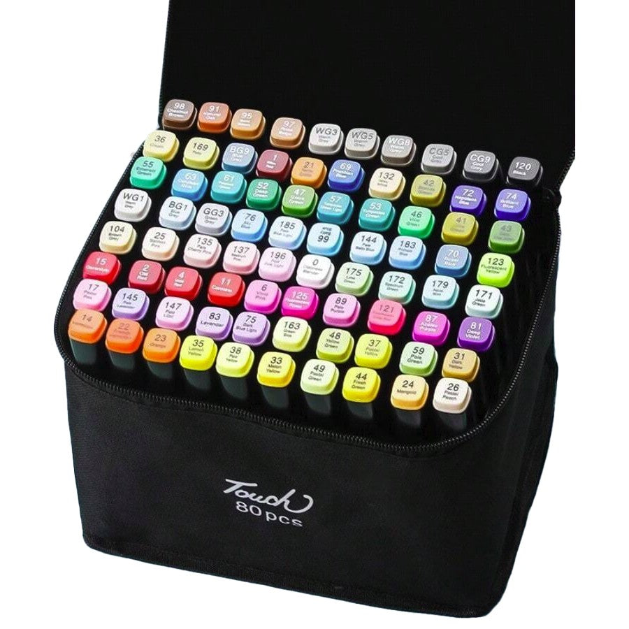 Markere cu Alcool Touch Room, Vivimall, Paleta mare Set de 80+ de Culori, Capat Lat si Capat Precis, Geanta Inclusa, Multicolor - vivimall.ro
