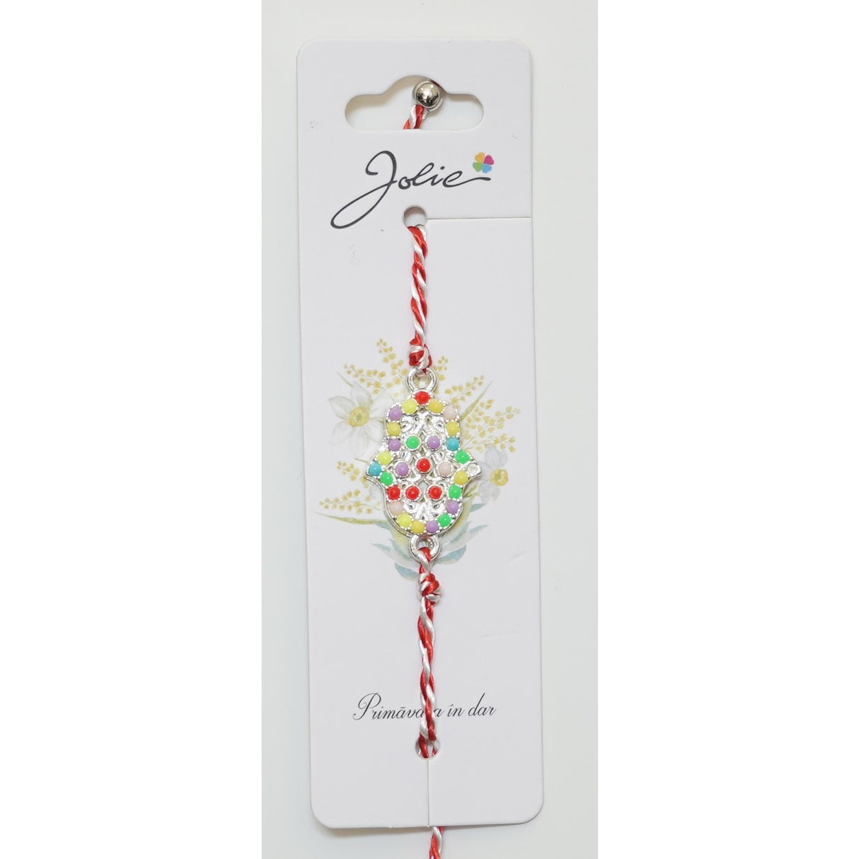 Martisor Bratara Alb-Rosu cu Pandantiv Metalic, Model 2 - vivimall.ro