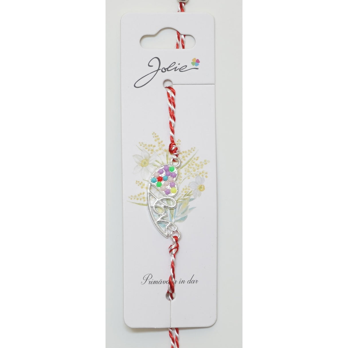 Martisor Bratara Alb-Rosu cu Pandantiv Metalic, Model 7 - vivimall.ro