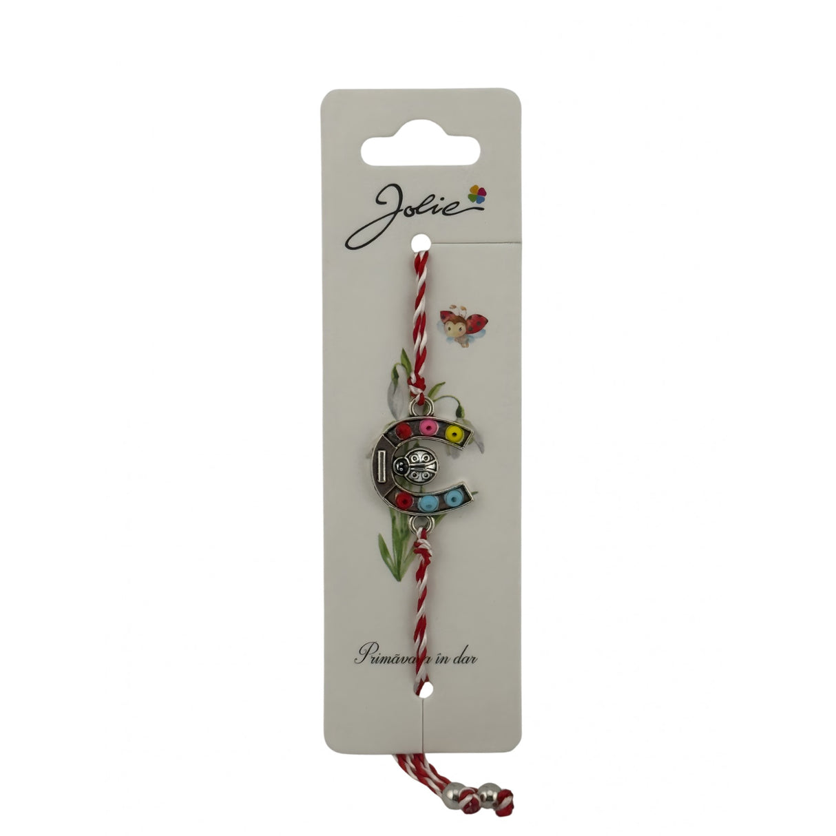 Martisor Bratara cu Snur Alb Rosu Reglabil, Model Potcoava Multicolora cu Buburuza, Jolie - vivimall.ro