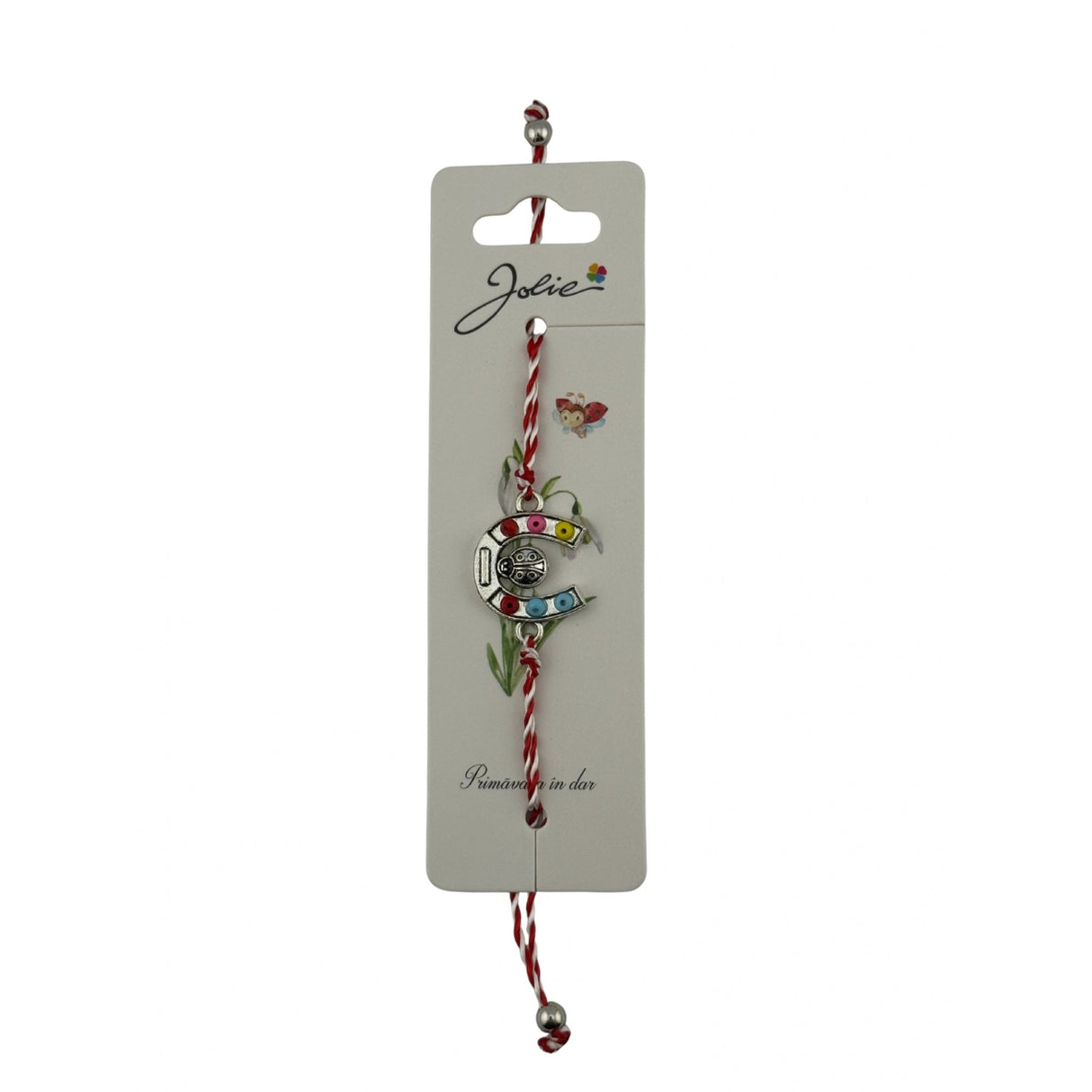 Martisor Bratara cu Snur Alb Rosu Reglabil, Model Potcoava Multicolora cu Buburuza, Jolie - vivimall.ro