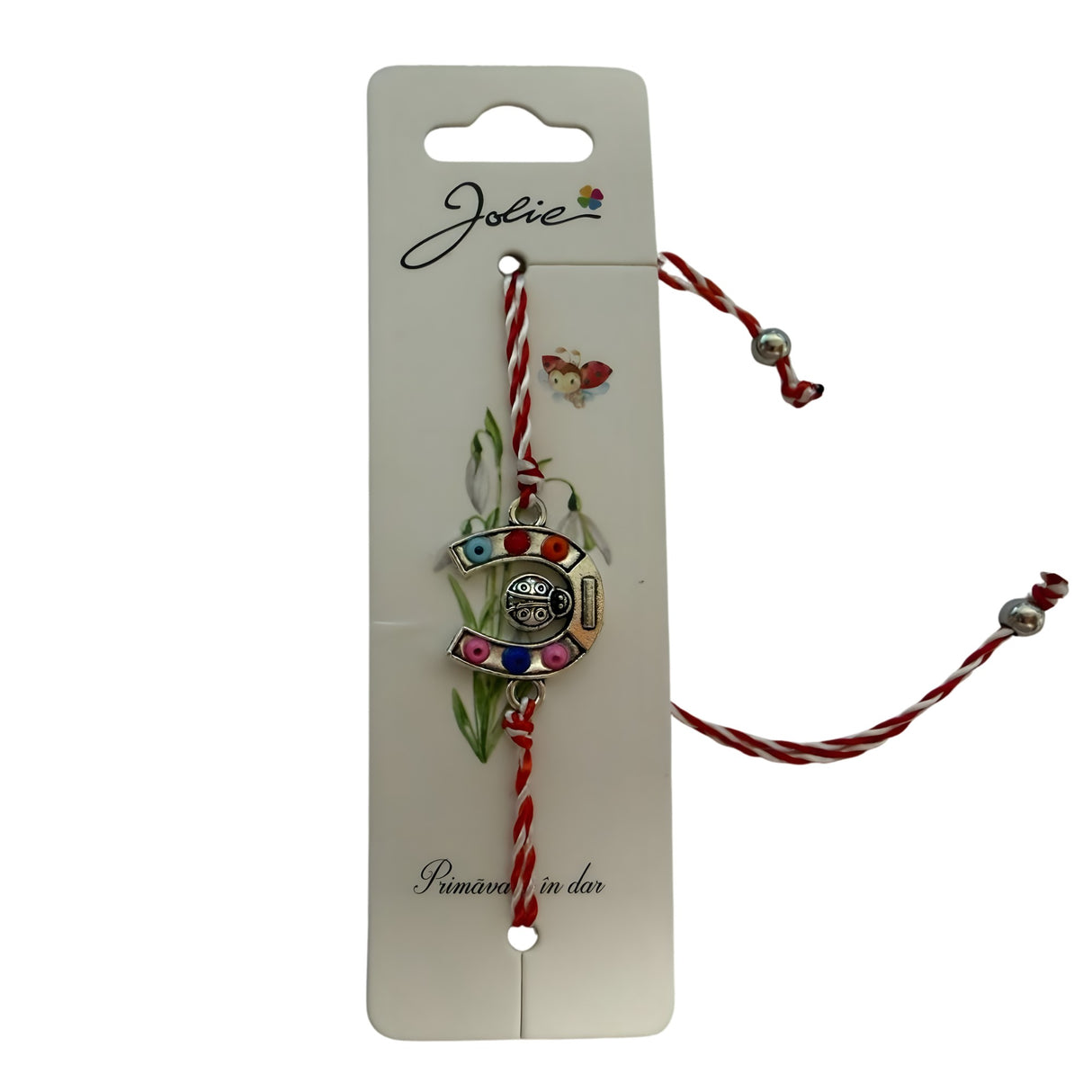 Martisor Bratara cu Snur Alb Rosu Reglabil, Model Potcoava Multicolora cu Buburuza, Jolie - vivimall.ro