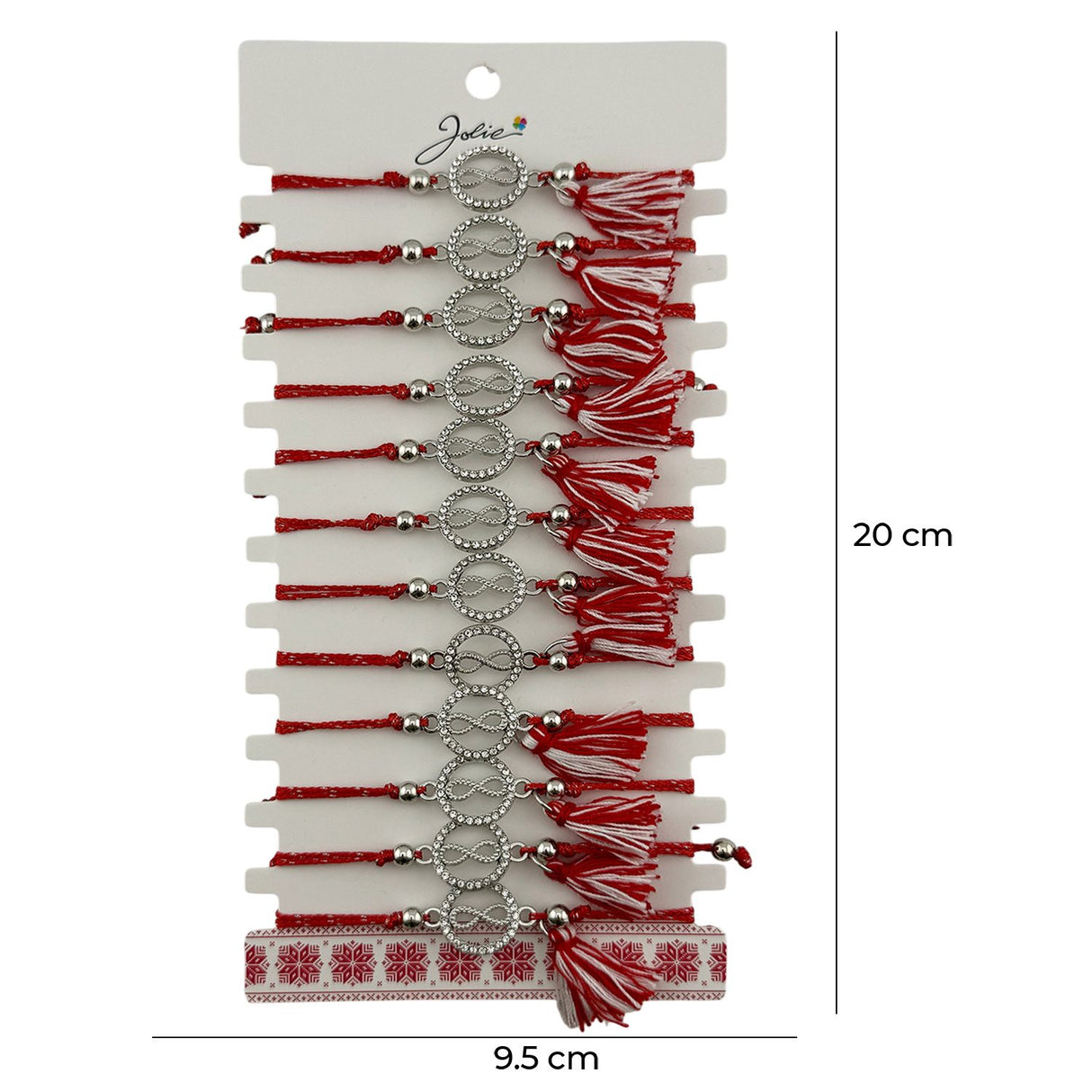 Martisor Bratara cu Ciucure pentru Dama, Jolie, Model Cerc Infinit, Set 12 bucati, Pandativ din Inox cu Pietre, Snur Reglabil, Rosu/Alb - vivimall.ro
