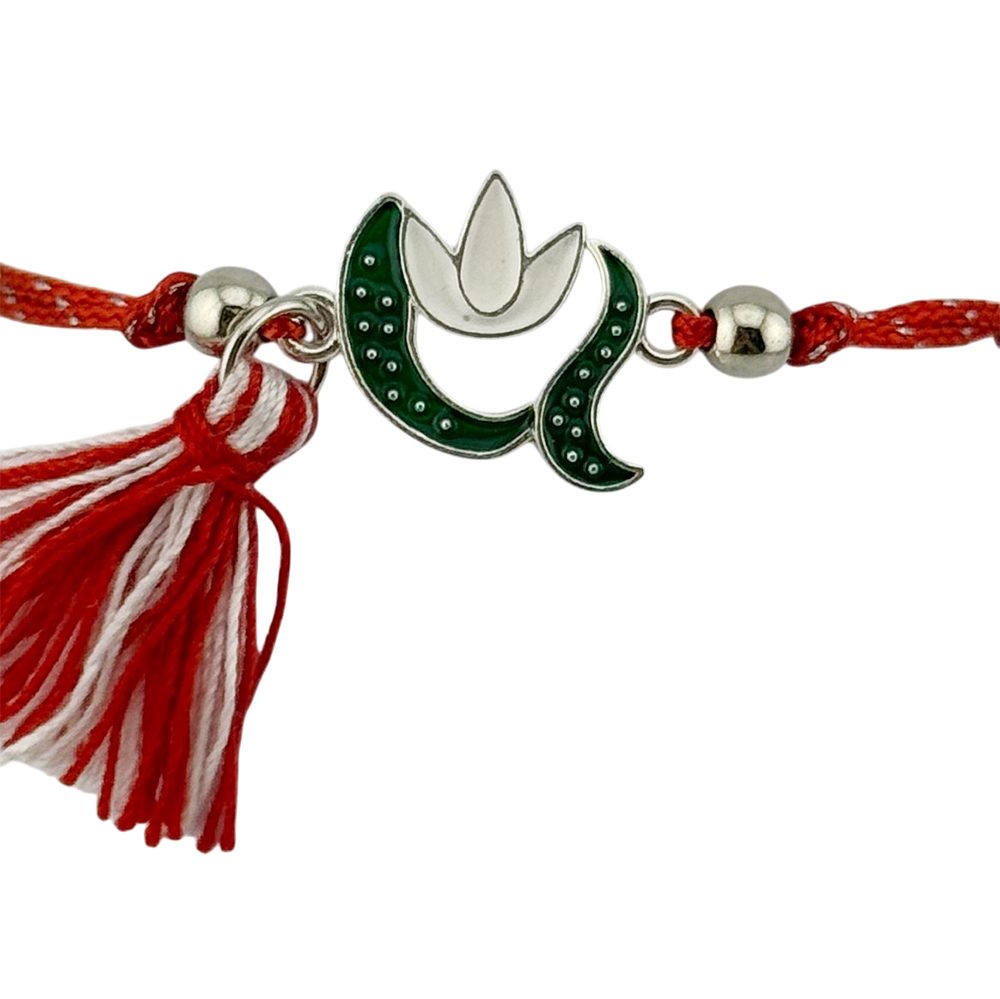 Martisor Bratara cu Ciucure pentru Dama, Jolie, Model Ghiocel, Set 12 bucati, Pandativ din Inox, Snur Reglabil, Rosu/Alb - vivimall.ro