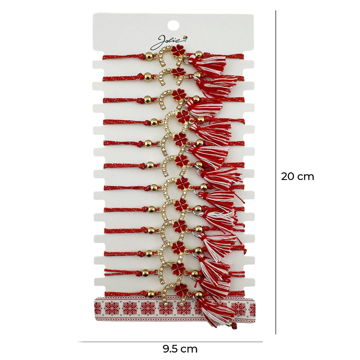 Martisor Bratara cu Ciucure pentru Dama, Jolie, Model Potcoava cu Trifoi, Set 12 bucati, Pandativ din Inox, Snur Reglabil, Rosu/Alb - vivimall.ro