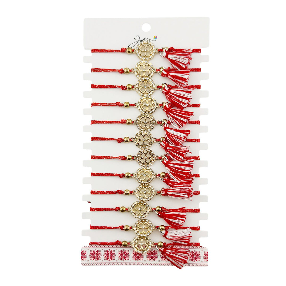 Martisor Bratara cu Ciucure pentru Dama, Jolie, Model Cerc Trifoi cu Patru Foi, Set 12 bucati, Pandativ din Inox cu Pietre, Snur Reglabil, Rosu/Alb - vivimall.ro