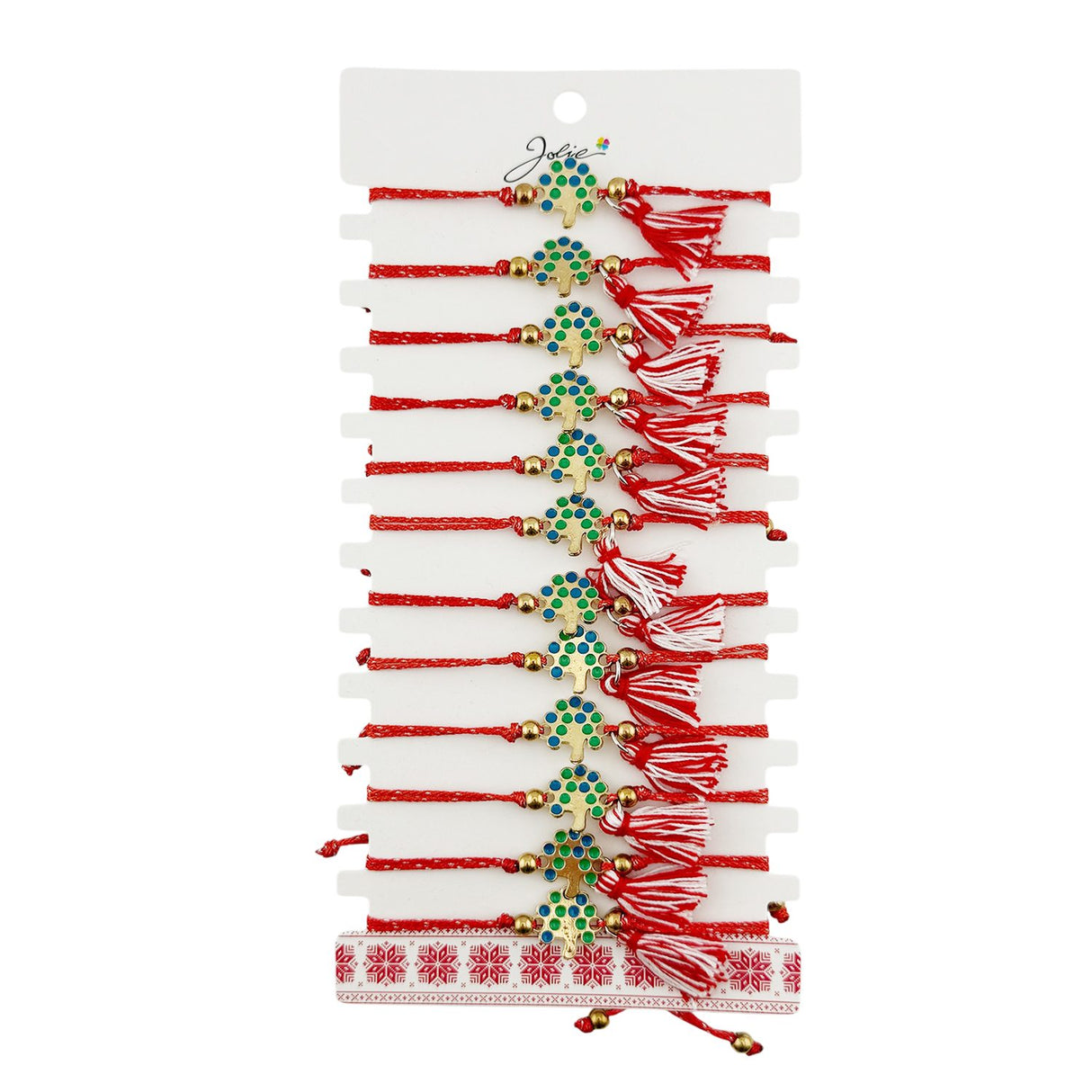 Martisor Bratara cu Ciucure pentru Dama, Jolie, Model Copacul Vietii, Set 12 bucati, Pandativ din Inox, Snur Reglabil, Rosu/Alb - vivimall.ro