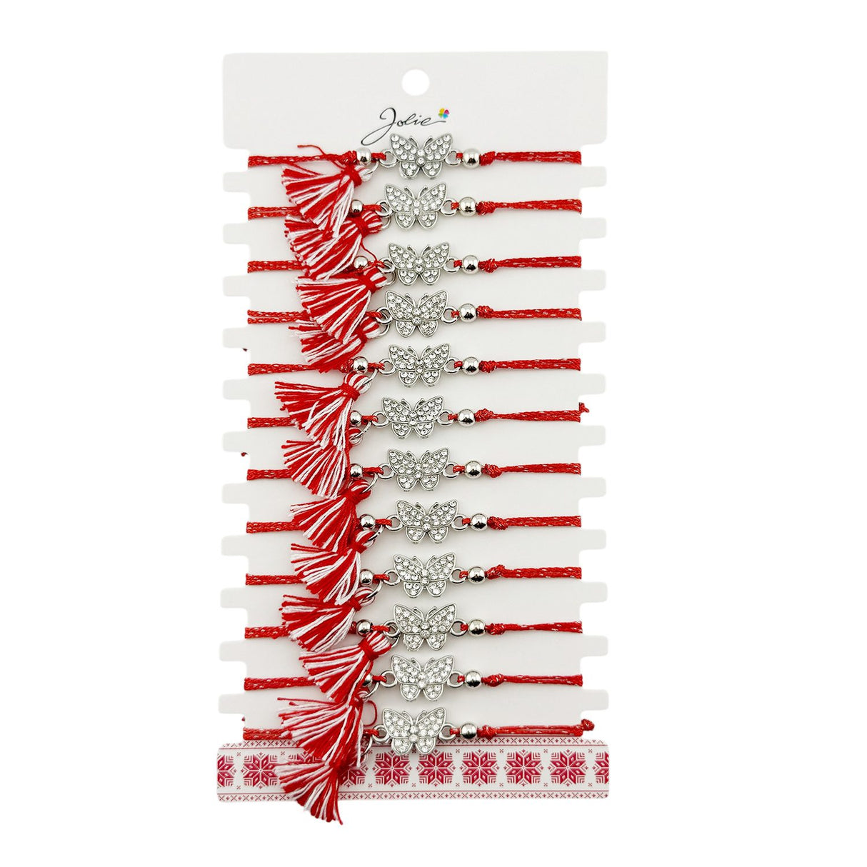 Martisor Bratara cu Ciucure pentru Dama, Jolie, Model Fluture cu Pietre, Set 12 bucati, Pandativ din Inox, Snur Reglabil, Rosu/Alb - vivimall.ro