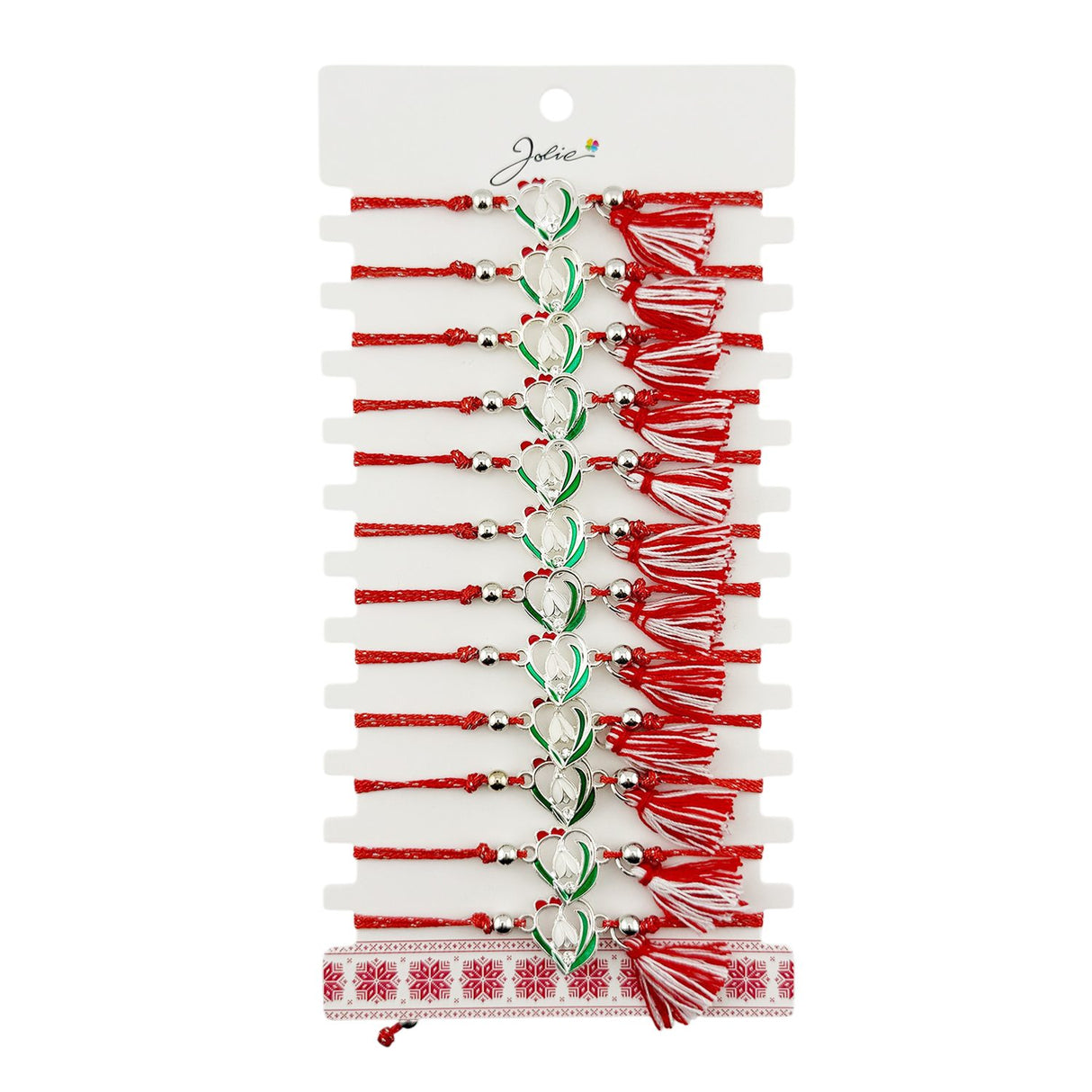 Martisor Bratara cu Ciucure pentru Dama, Jolie, Model Inima cu Ghiocel, Set 12 bucati, Pandativ din Inox, Snur Reglabil, Rosu/Alb - vivimall.ro