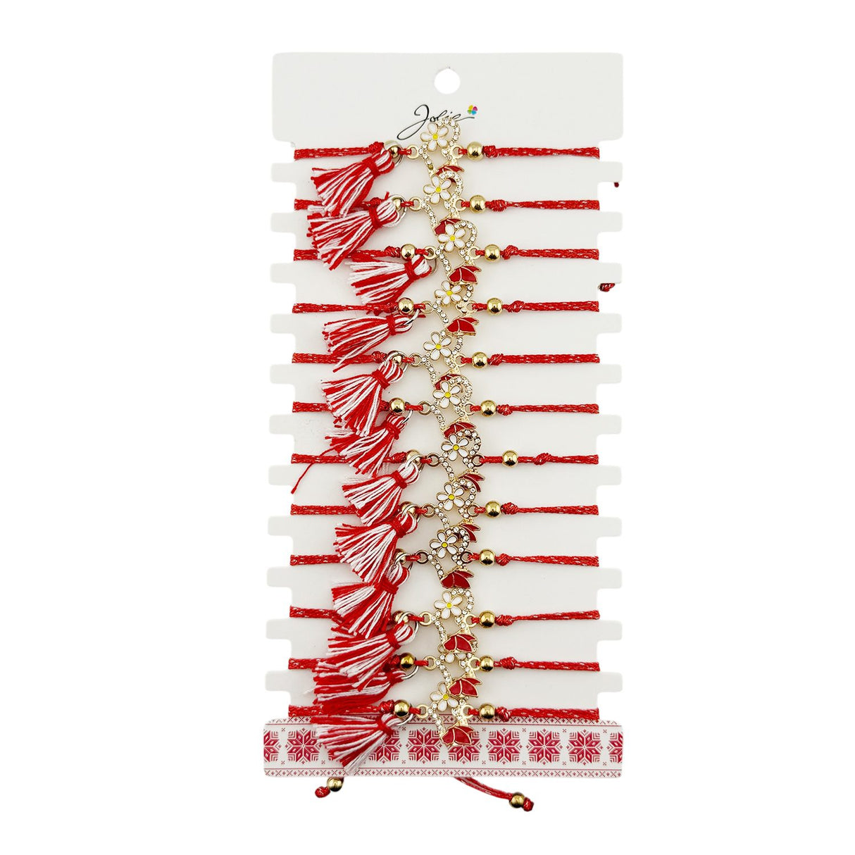 Martisor Bratara cu Ciucure pentru Dama, Jolie, Model Inima cu Margareta, Set 12 bucati, Pandativ din Inox cu Pietre, Snur Reglabil, Rosu/Alb - vivimall.ro