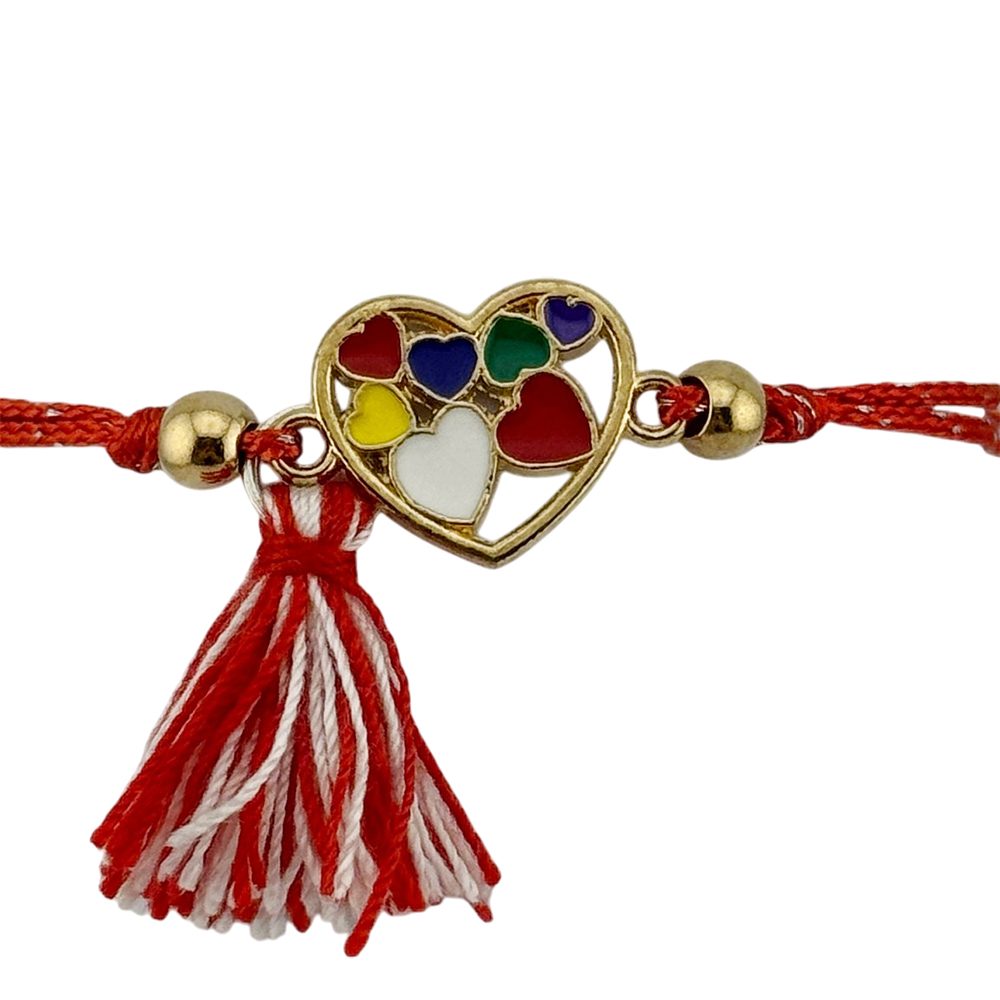 Martisor Bratara cu Ciucure pentru Dama, Jolie, Model Inimi Colorate, Set 12 bucati, Pandativ din Inox, Snur Reglabil, Rosu/Alb - vivimall.ro