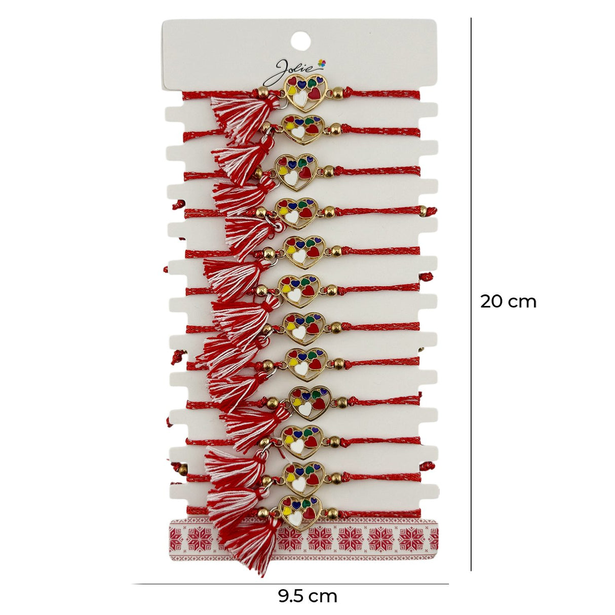 Martisor Bratara cu Ciucure pentru Dama, Jolie, Model Inimi Colorate, Set 12 bucati, Pandativ din Inox, Snur Reglabil, Rosu/Alb - vivimall.ro