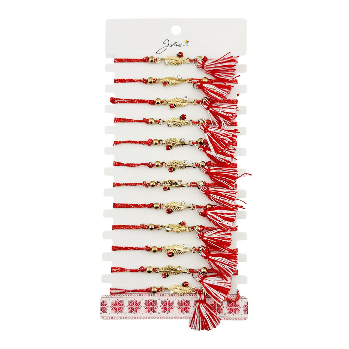 Martisor Bratara cu Ciucure pentru Dama, Jolie, Model Pana cu Buburuza, Set 12 bucati, Pandativ din Inox cu Piatra, Snur Reglabil, Rosu/Alb - vivimall.ro
